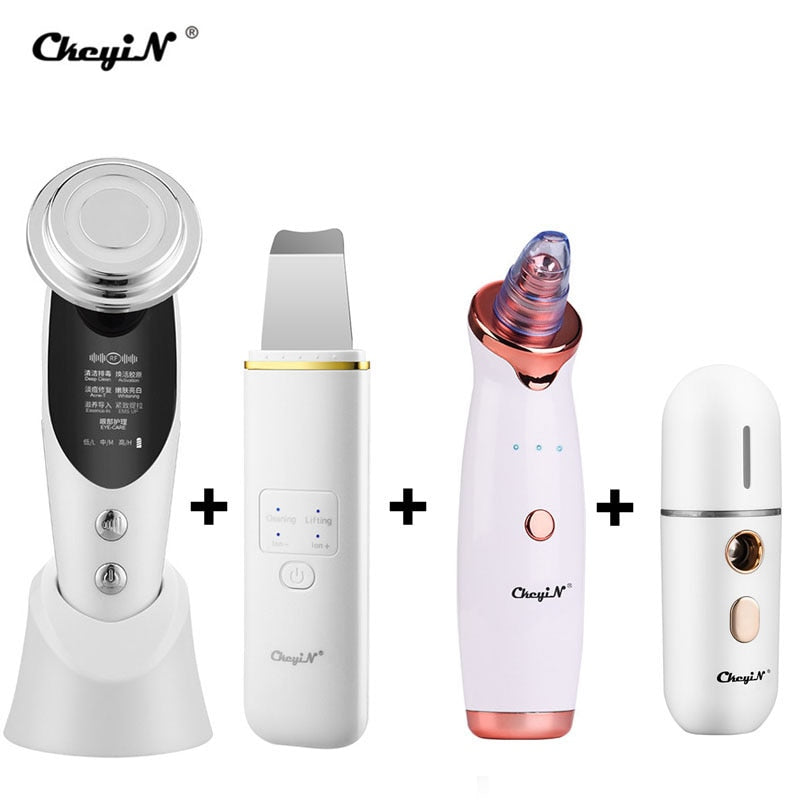 CkeyiN EMS Light Therapy Beauty Machine Facial Massager + Ultrasonic Skin Scrubber + Blackhead Remover + Nano Spray Face Steamer