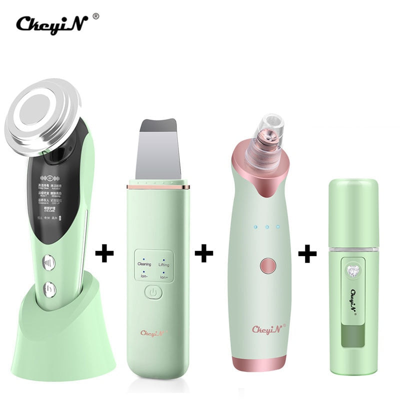 CkeyiN EMS Light Therapy Beauty Machine Facial Massager + Ultrasonic Skin Scrubber + Blackhead Remover + Nano Spray Face Steamer