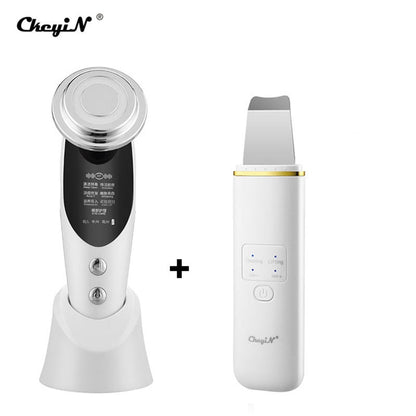 CkeyiN EMS Light Therapy Beauty Machine Facial Massager + Ultrasonic Skin Scrubber + Blackhead Remover + Nano Spray Face Steamer