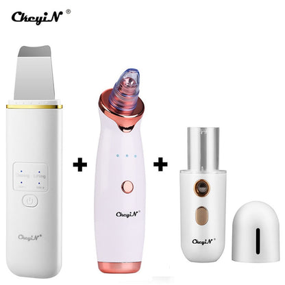 CkeyiN EMS Light Therapy Beauty Machine Facial Massager + Ultrasonic Skin Scrubber + Blackhead Remover + Nano Spray Face Steamer