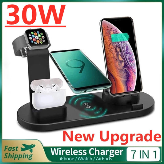 30W 7 in 1 Wireless Charger Stand Pad For iPhone 14 13 12 X Apple Watch Qi Fast Charging Dock Station for Airpods Pro iWatch 7 6